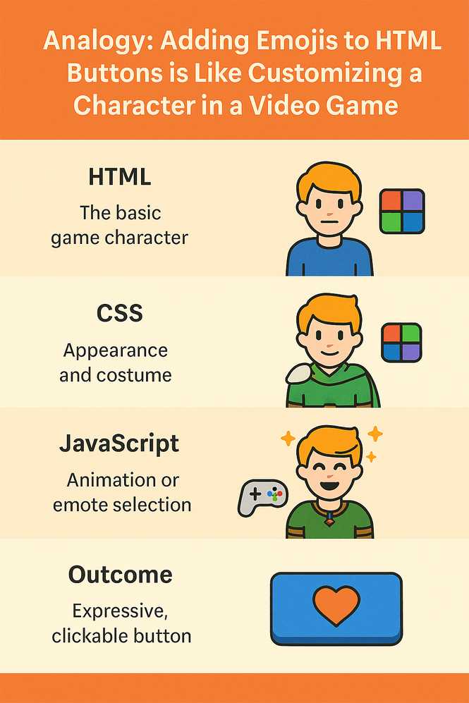 A video game analogy of adding emojis to HTML buttons.
