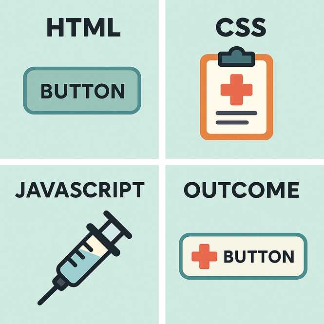 An infographic analogy of how to add an image icon to an HTML button.
