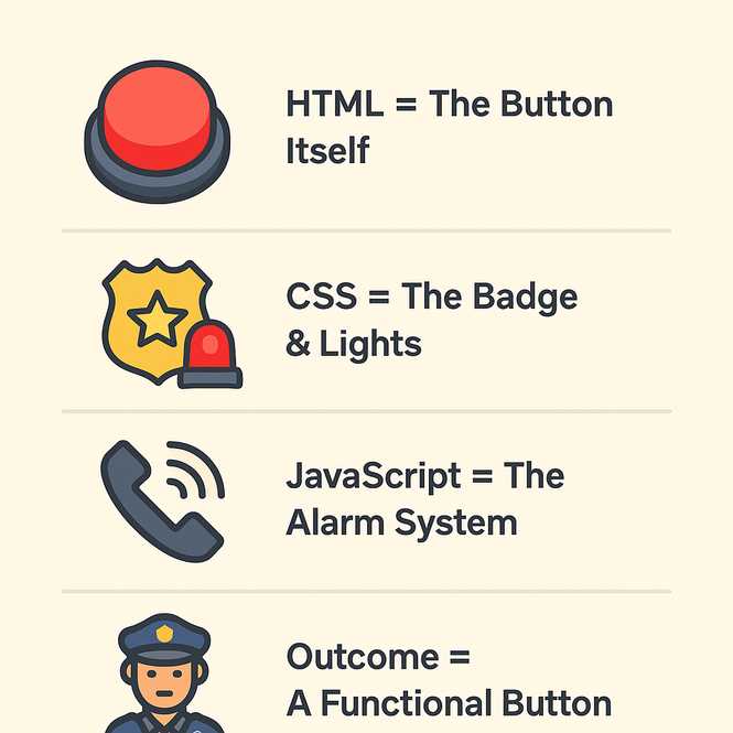 The image explains how a button is created using an analogy. The analogy is a police station alert button.